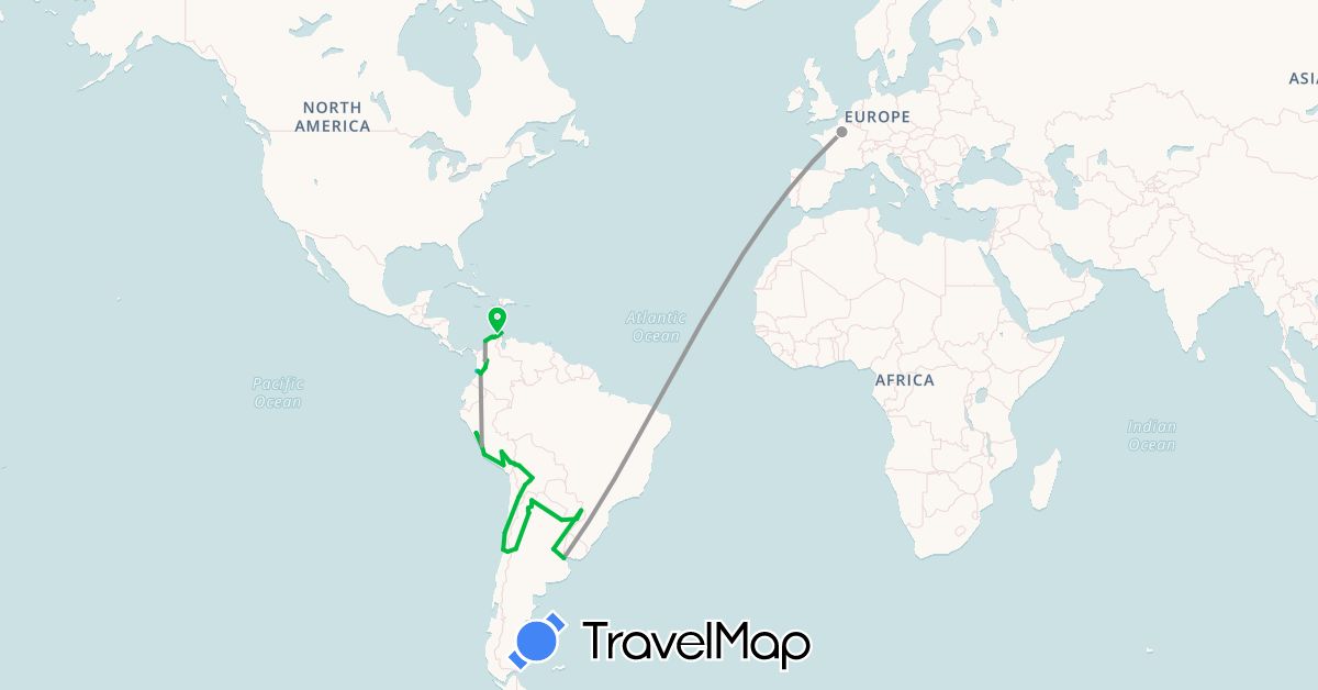 TravelMap itinerary: driving, bus, plane, boat in Argentina, Bolivia, Chile, Colombia, France, Peru (Europe, South America)